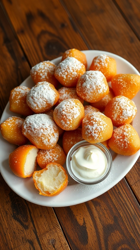 Yeast-Free Zeppole Recipe Golden brown zeppole dusted with powdered sugar on a plate, with some filled with cream, on a wooden table.